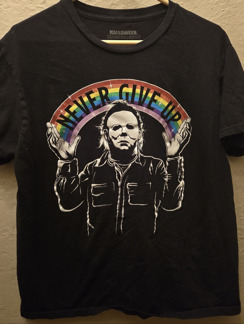 Halloween Michael Myers Never Give Up Rainbow Graphic T Shirt Horror Movie Tee L